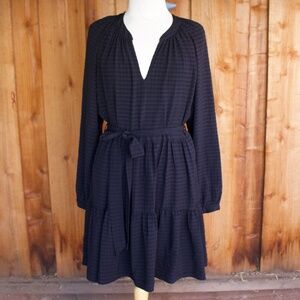 XiRENA Jolene Black Plaid Tiered Midi Long Sleeve Dress With Tie Belt Size M